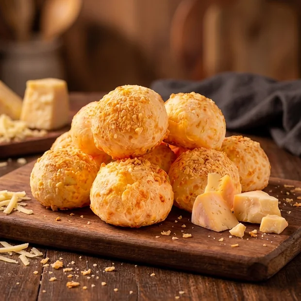 Pão de queijo empanado com parmesão sobre tábua