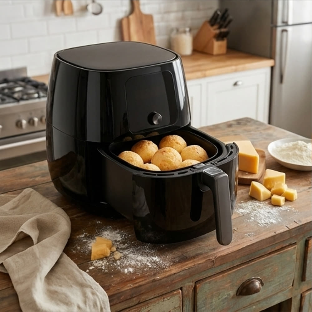 Air fryer aberta com pão de queijo Feito em Minas